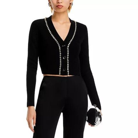 Aqua Black Cashmere V-Neck Cardigan with Rhinestone Trim - Picture 1 of 5